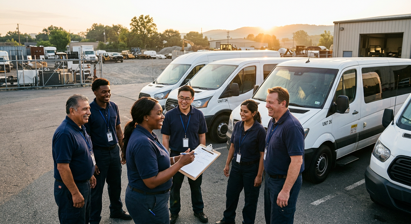 Steadway staff in a morning safety briefing beside the vans
