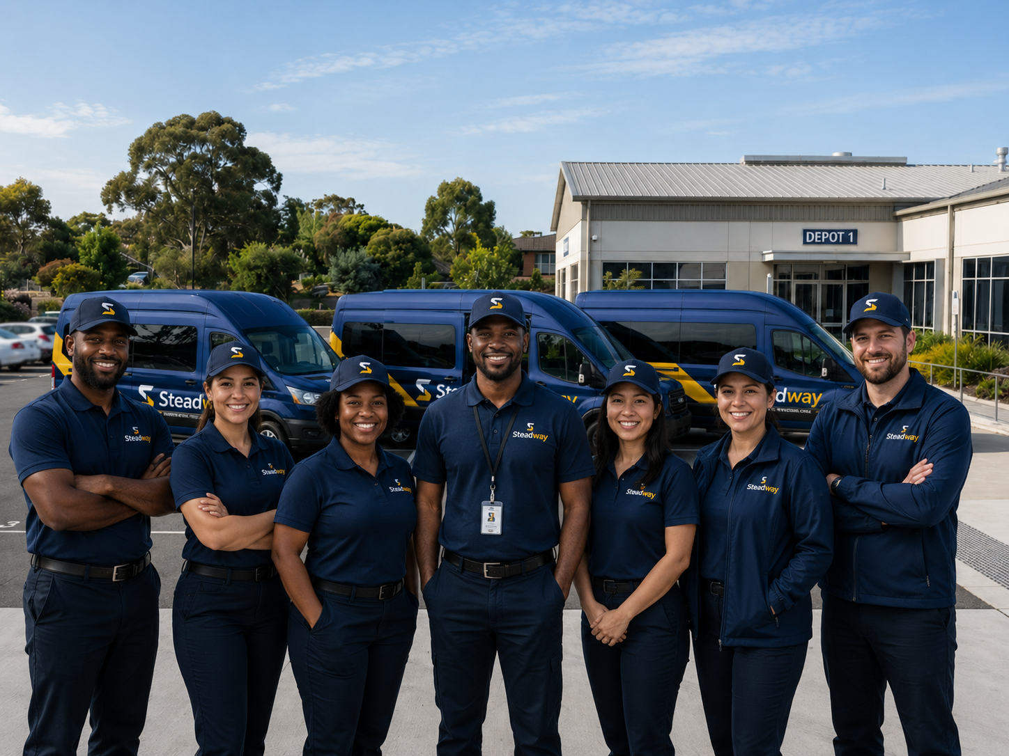 The Steadway team of drivers and coordinators in front of their branded vans